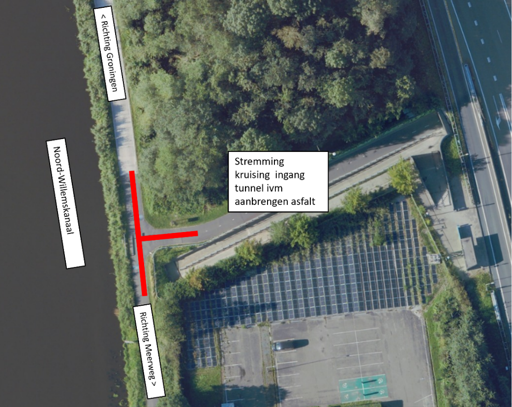 Kruising fietspad richting P+R Haren en Meerwegbrug gestremd in verband met aanbrengen asfalt.